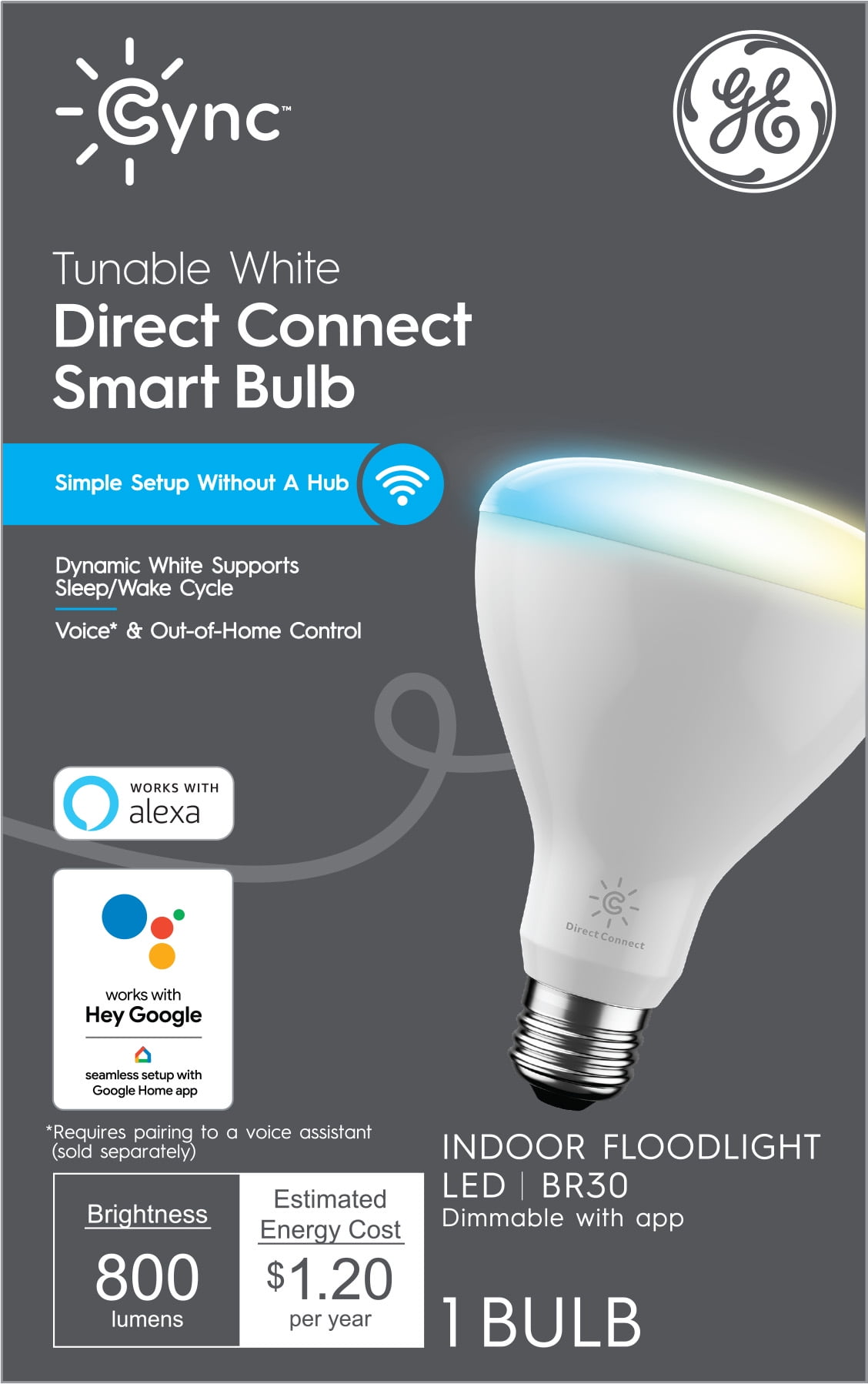 GE CYNC Smart Indoor Floodlight Bulb, Tunable White, Bluetooth and Wi-Fi Enabled, Alexa and Google Home Compatible, Medium Base, Dimmable, No Hub Required (1 Pack)