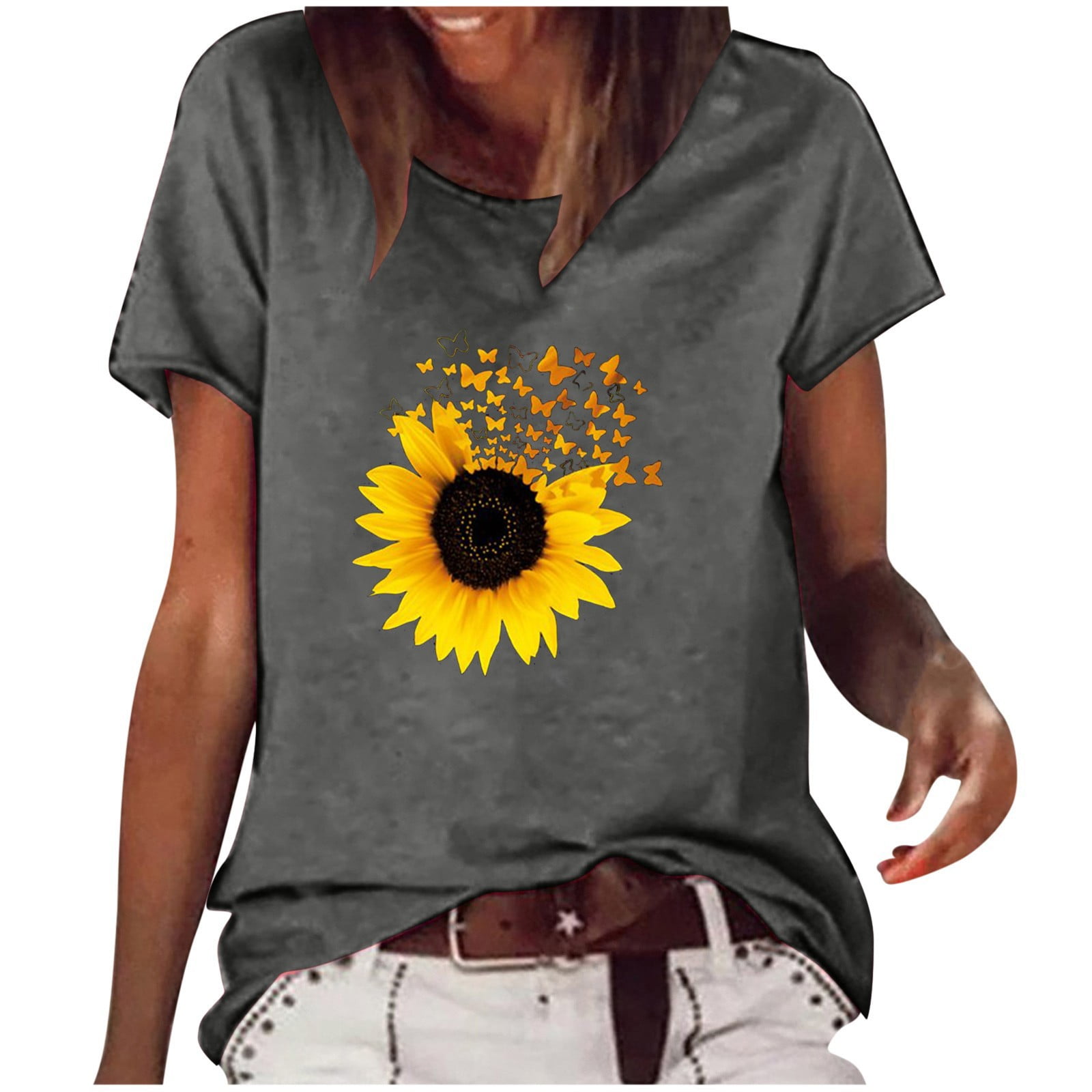 Womens Gradient Sunflower Print T-shirt Tops Ladies Summer Casual Loose Blouse 