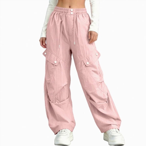 Xyant Girls Cargo Parachute Pants Elastic Waist Wide Leg Streetwear Dance Trousers with Pockets (Pink,7-8 Years )