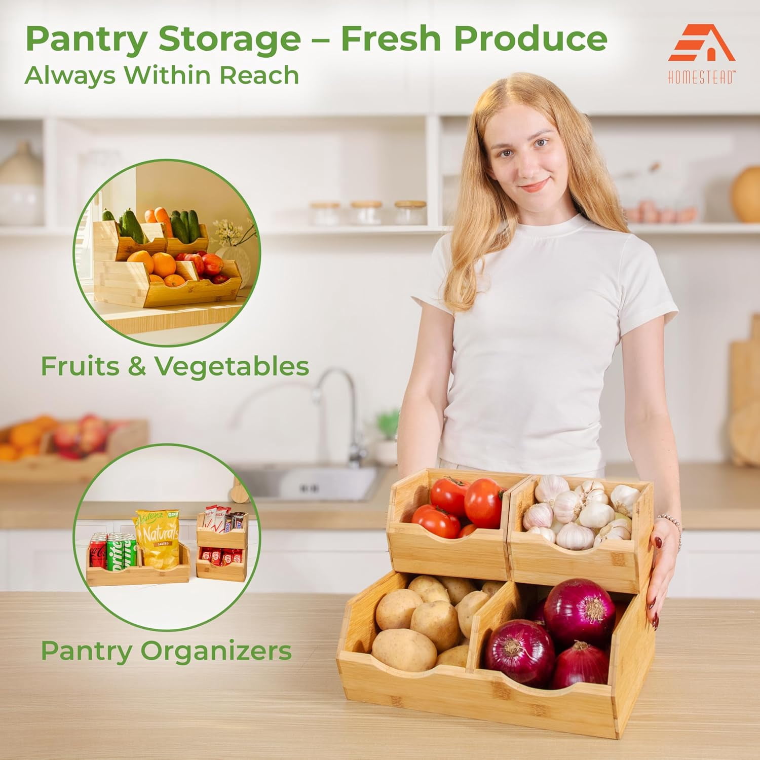 Homestead Bamboo Pantry Storage Bins, Set of 3 – Stackable Open Front Potato and Onion Storage Bins, Wooden Pantry Organizer Baskets for Kitchen, Fruit Vegetable Bin