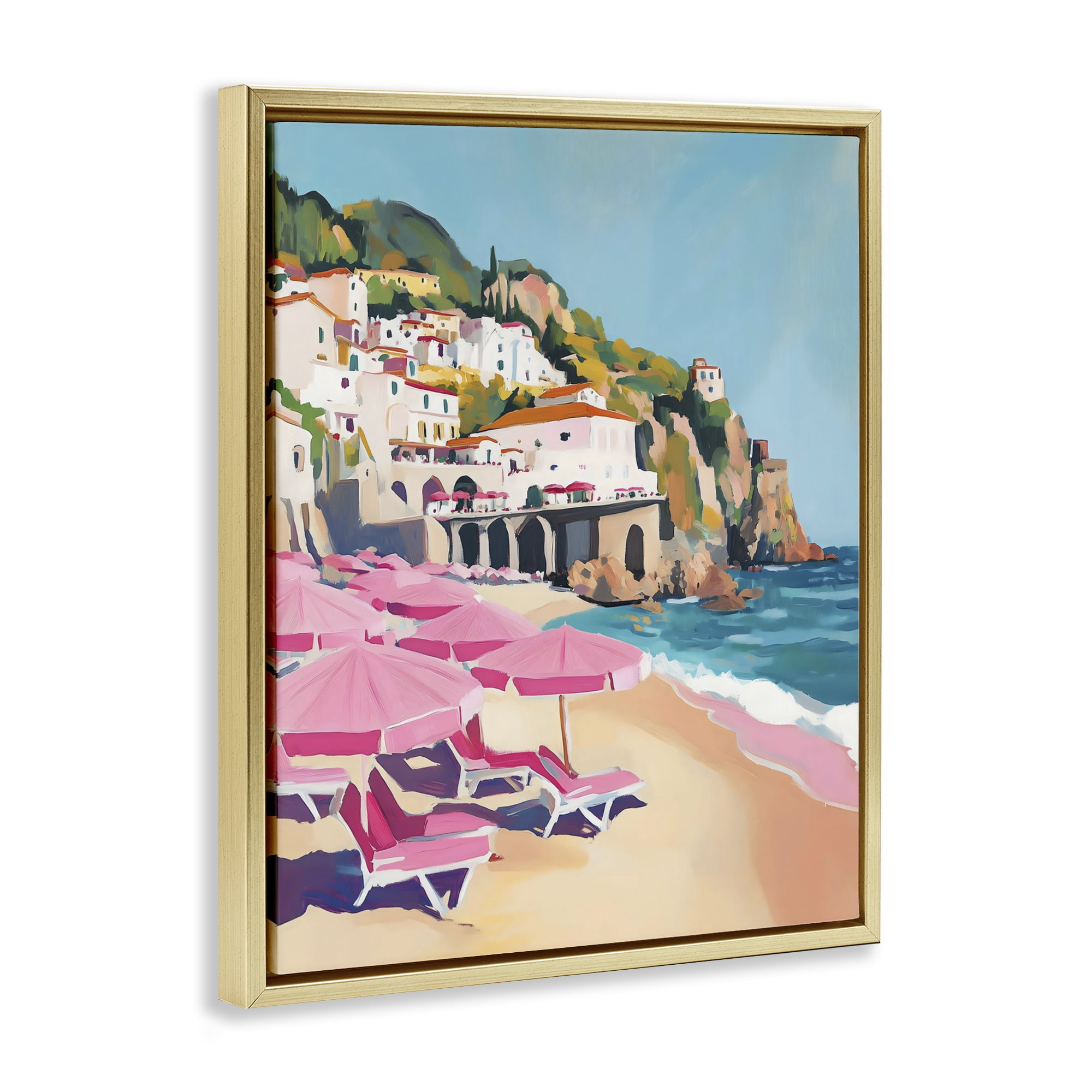 Stupell Industries Pink Beach Chairs on Shoreline Gold Framed Floater Canvas Wall Art, design by The Prints Vibe