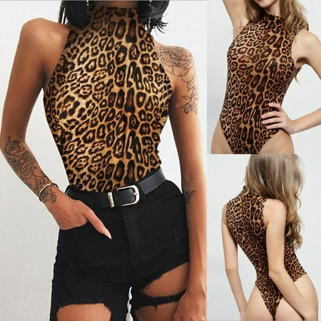 Women Leopard Printed Sleeveless Sexy Babydoll G-String Lingerie Bodysuit Romper Underwear Nightwear