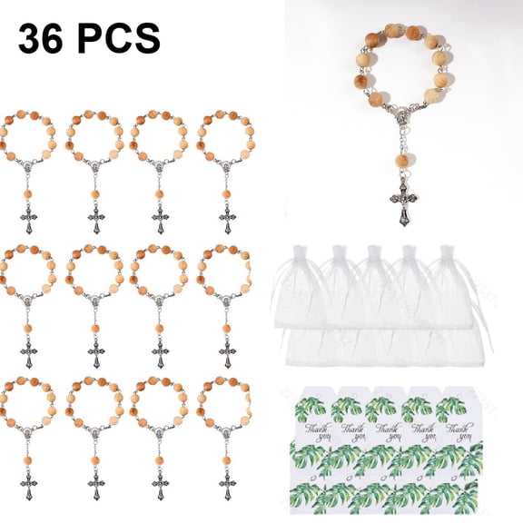 36Pcs Wooden Rosary Bracelets Set with Organza Bags and Cards, Catholic Prayer Beads with Cross, Easter Religious Gifts Bulk for Baptism Communion