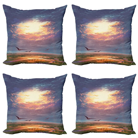 Ambesonne Landscape Throw Pillow Cover 4 Pack, Beaming Sun Clouds, 20", Blue Orange