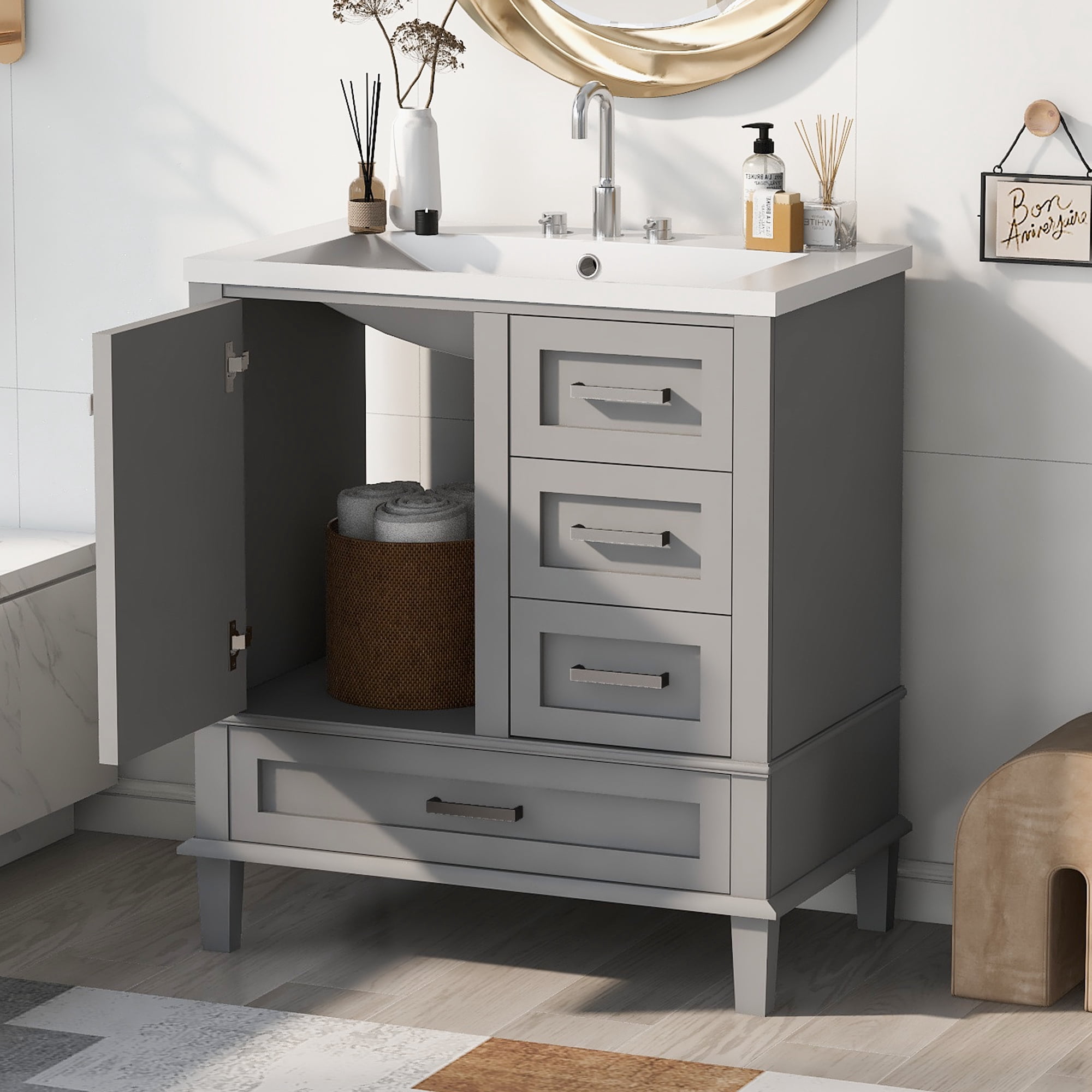 Harper & Bright Designs 30" Grey Bathroom Vanity Cabinet with Sink Combo Set, Bathroom Storage Cabinet with a Soft Closing Door and 3 Drawers, Solid Wood Frame