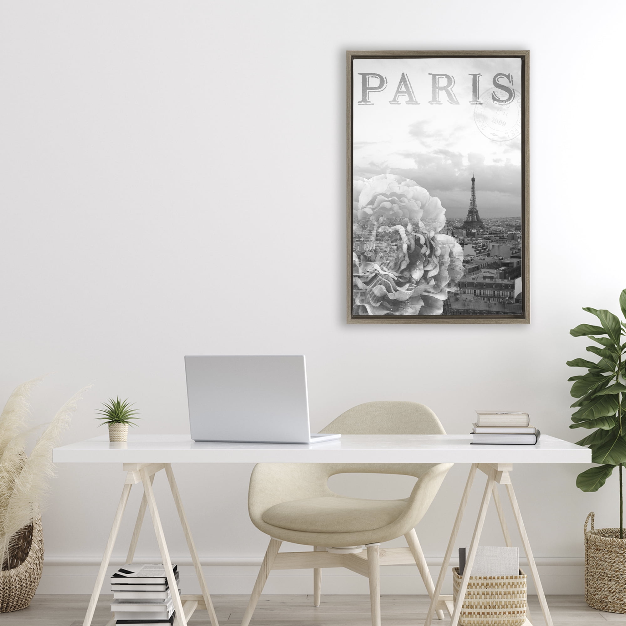 Stupell Industries Paris Postcard in Monochrome Brown Framed Floater Canvas Wall Art, design by Emily Navas
