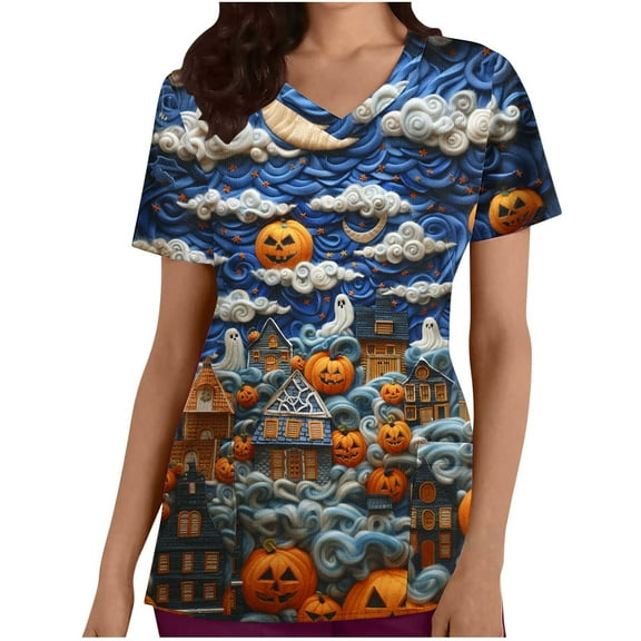 Generic Women's Halloween Theme Printed Scrubs Top, V Neck Medical Scrub Top Printed Nurse T-shirt with Pockets
