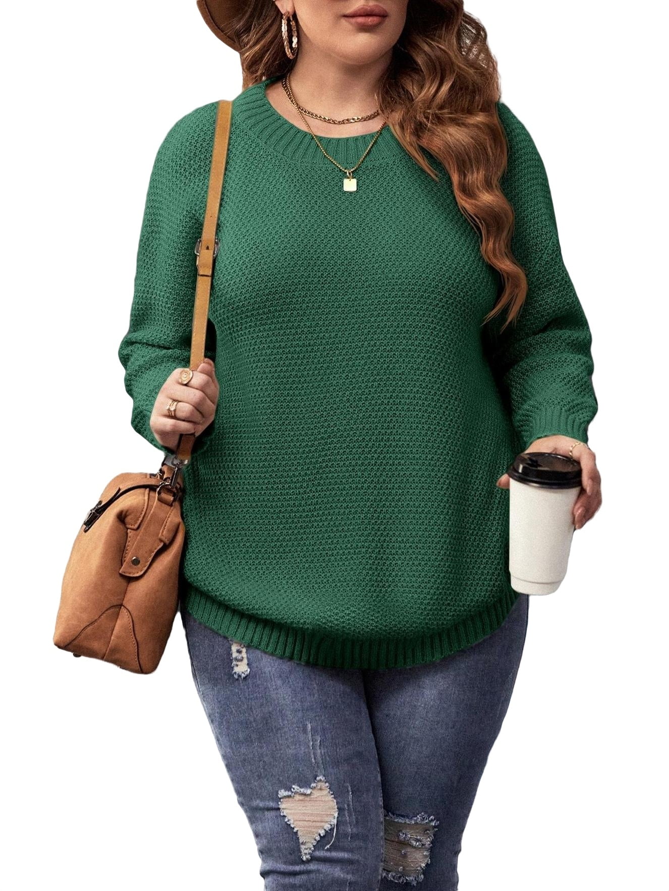 Casual Plain Round Neck Pullovers Long Sleeve Dark Green Plus Size ...