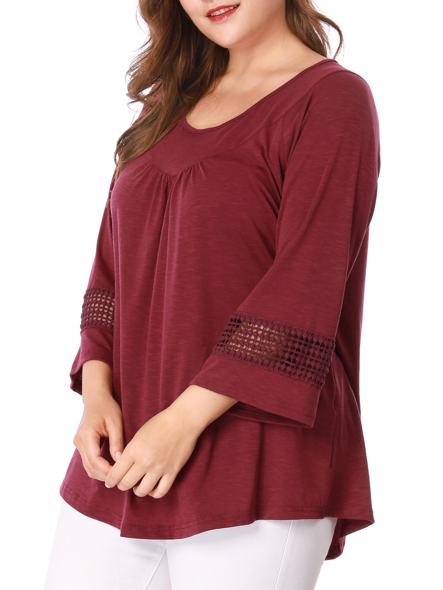 Unique Bargains Juniors' Plus Size Crochet Panel Kimono Raglan Sleeves Ruched Front Top Burgundy 4X