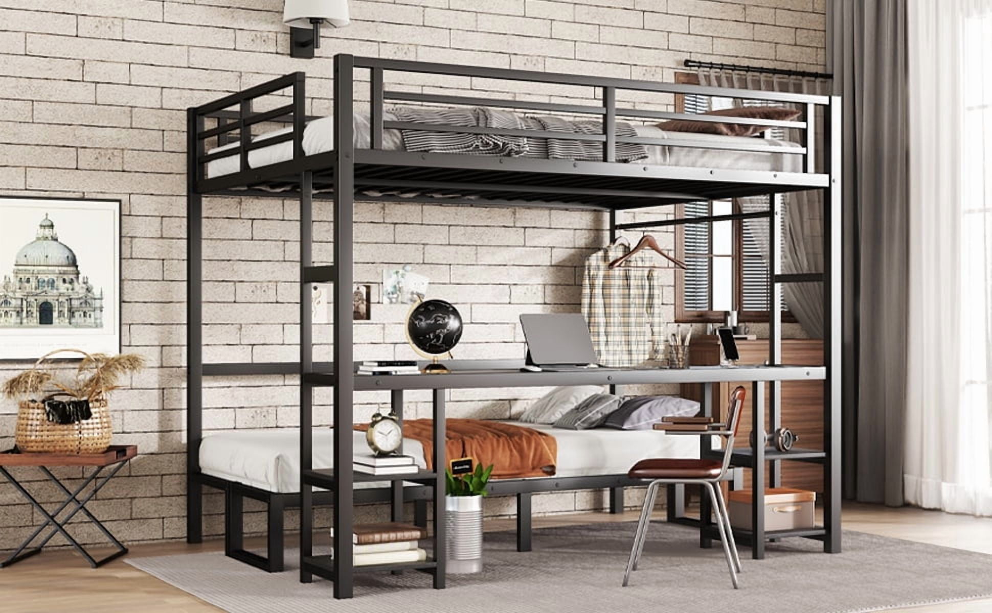 Mintazer Queen Over Twin XL Metal Bunk Bed with Desk and Shelves Built-in LED & USB Charging Ports, 2 in 1 Folding Sofa Bed for Kids Teens, Black
