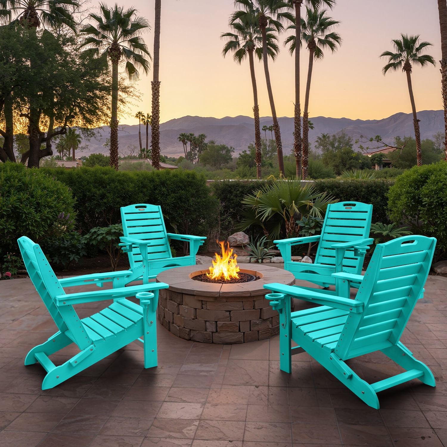 Folding Adirondack Chair with Ottoman Set of 2 HDPE Patio Chair Pull Out Footrest with 2 Cup Holders Garden Lawn Lake Blue