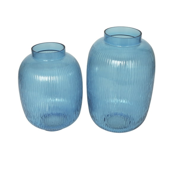 DecMode 13", 11"H Ribbed Blue Glass Vase, Set of 2