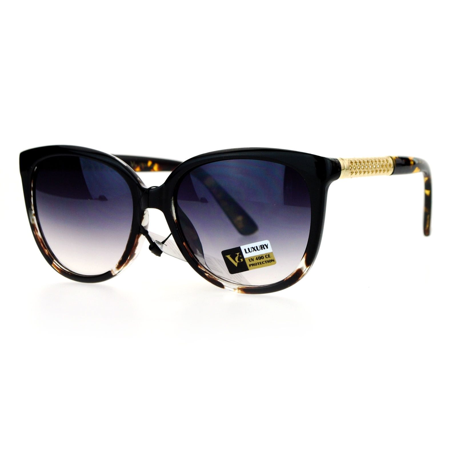 VG Eyewear Diva Metal Hollow Jewel Arm Oversize Horn Rim Sunglasses Black Tortoise Smoke
