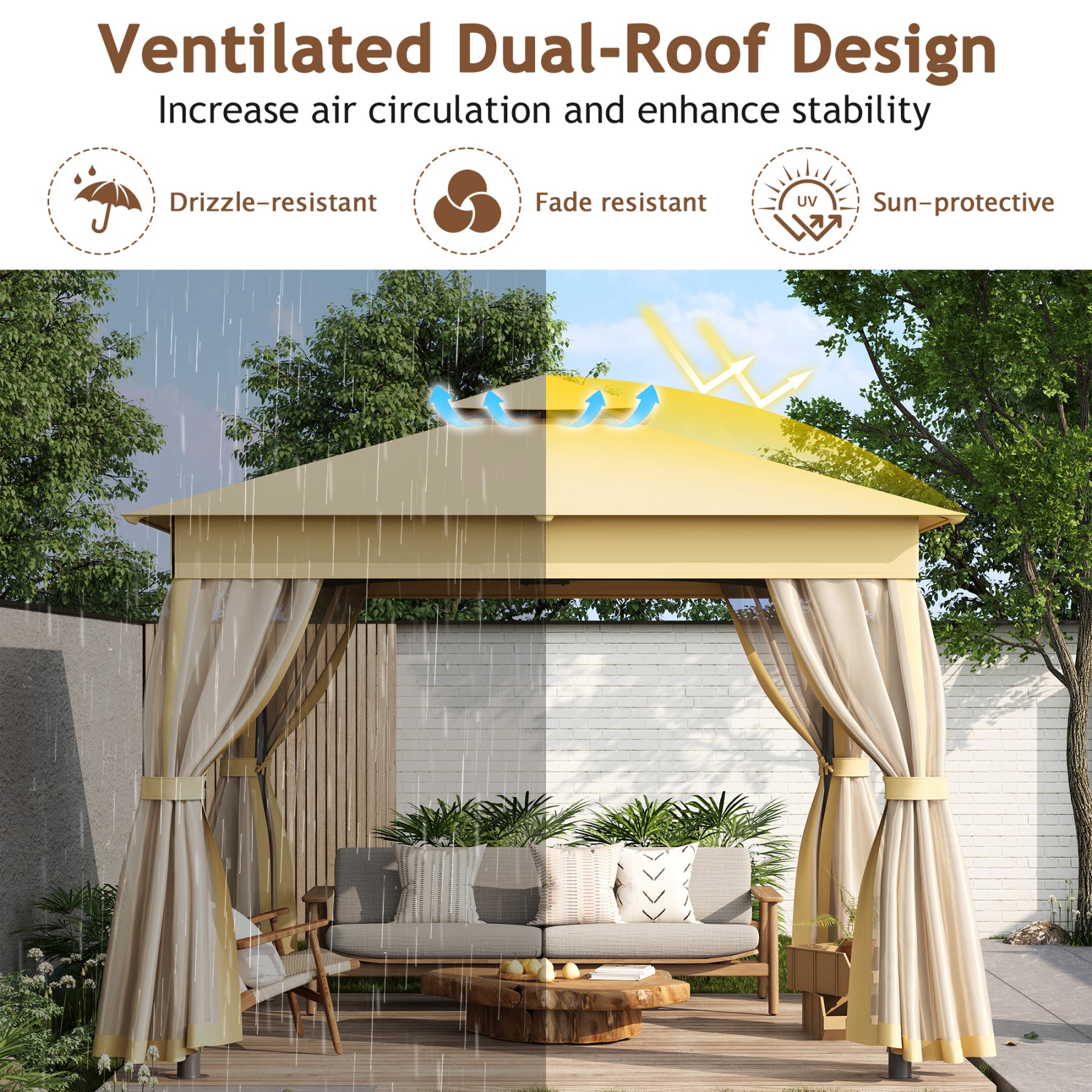 10'x10' Outdoor Gazebo Tent with Double Roofs, Patio Gazebo with Mosquito Netting, Patio Canopy for Backyard, Garden, Lawn and Deck,Beige