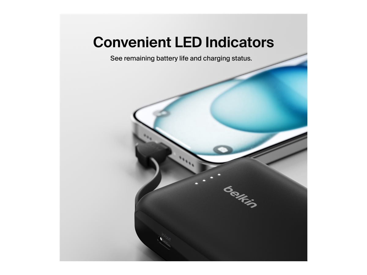 Belkin Power Bank, Portable Power Bank with Integrated Cable 10K PD 20W - Fast Charge USB-C Power Delivery, Portable iPhone Charger for iPhone 16 Series, iPad Pro, Galaxy S24, and More - Black