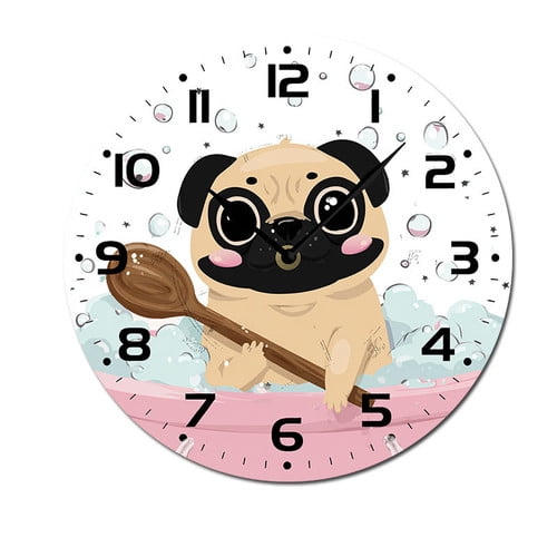 ZXCXRQFa Cartoon Dog In Bathtub Clock Home Decor Round Wood 10 Inch Wall Clocks Non Ticking Silent Clock Art for Living Room Kitchen Bedroom Decorative