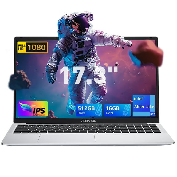 Laptop  17.3 FHD Intel Alder Lake N97 up to 3.6GHz 16GB DDR4 512GB SSD with Windows 11 Pro Business Laptop Computer,Silver