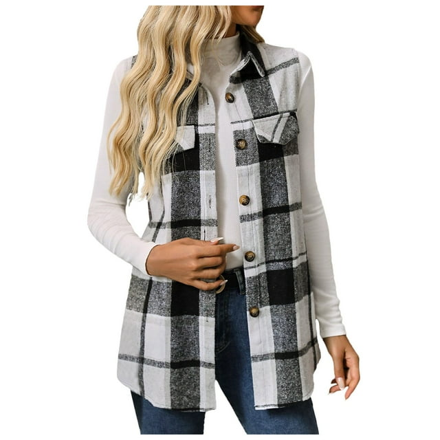 Gilet Sans Manches à Carreaux pour Femmes Grande Taille Veste Boutonnée Décontractée Chaude Confortable