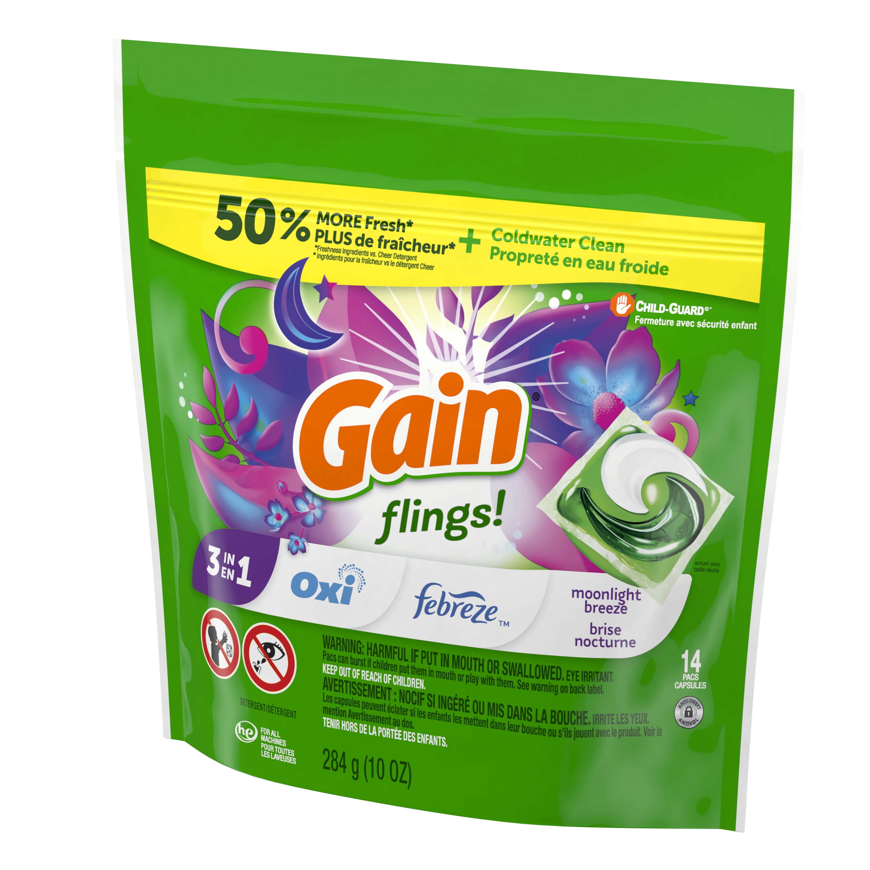 Gain Flings 3-in-1 Oxi Boost and Febreze Laundry Detergent Pacs, Moonlight Breeze Scent, 14 Count