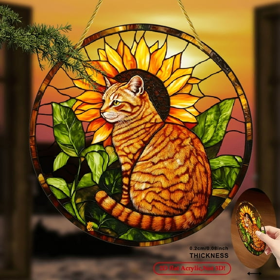 2D Flat, 1pc Cat Sunflower Suncatcher Hanging Ornament - Vibrant Acrylic Window Decor, No Electricity Needed, Artistic Home Decor for Porch, Bedroom, Patio, Garden - Perfect Gift for Cat Love 8*8inch