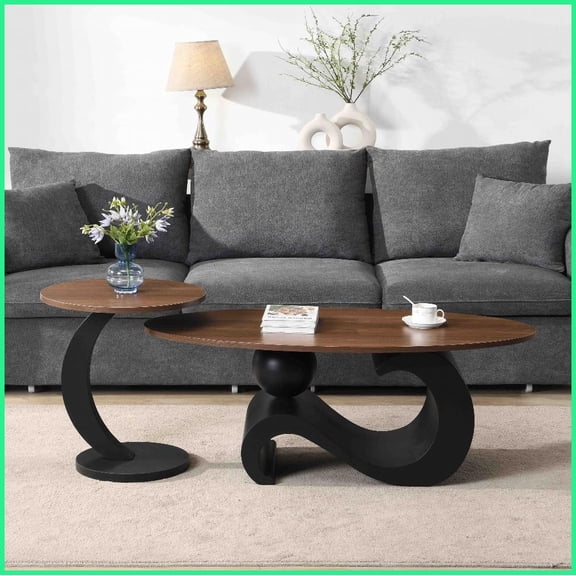 Space-Saving Nesting 2-Piece Coffee Table Set - Oval & Round MDF Top, Easy 20-Min Assembly