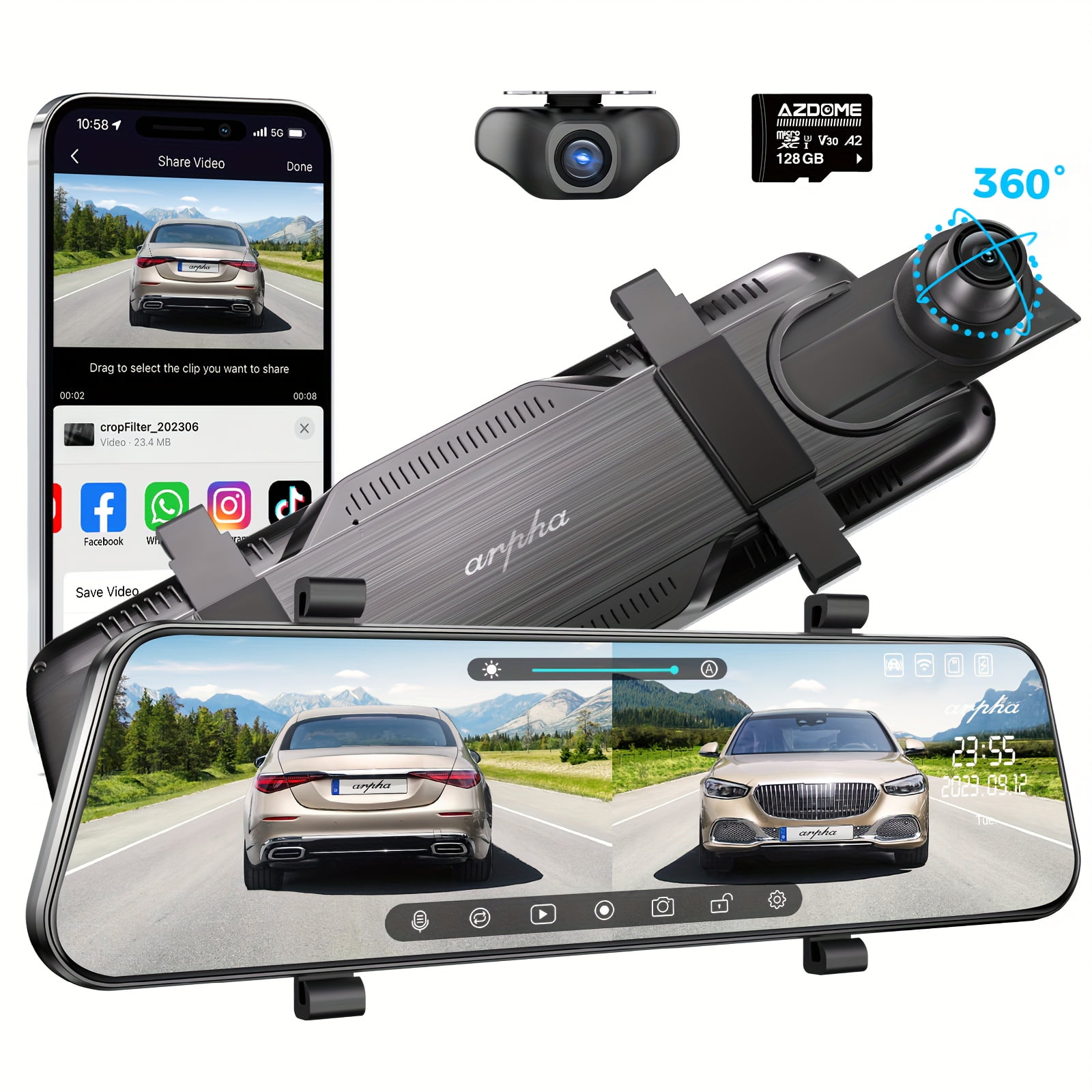 1296P 10" Touch Screen Mirror Dash Cam, Dual Camera 1080P+720P, WiFi App Control, GPS, Voice Control, WDR, Night Vision, Parking Mode (Hard-wire Kit Needed), Easy Install