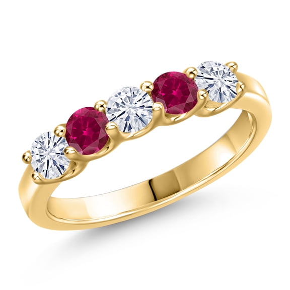 Gem Stone King 10K Yellow Gold White Moissanite and Red Created Ruby Wedding-Bands Ring for Women | 0.98 Cttw | Round 3.5MM | Gemstone Birthstone | Size 5