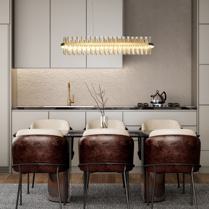 LNC 34-in W 1-Light Polished Gold and K5 Crystal Modern/contemporary Textured glass Rectangle LED Large Hanging Kitchen Island Light