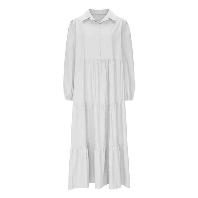 Smihono Women's Loose Fit Puff Sleeve Maxi Tiered Babydoll Dress Collared V-Neck Cotton Long Button Down Cotton Linen Dresses White XXL