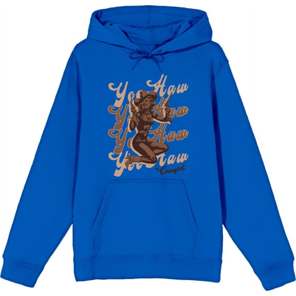 Yeehaw! Pin Up Cowgirl Adult Blue Long Sleeve Hoodie-Small