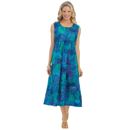 - Women's Tropical Print Tiered Cotton Sleeveless Summer Dress with Scoop Neckline, X-Large, Turquoise