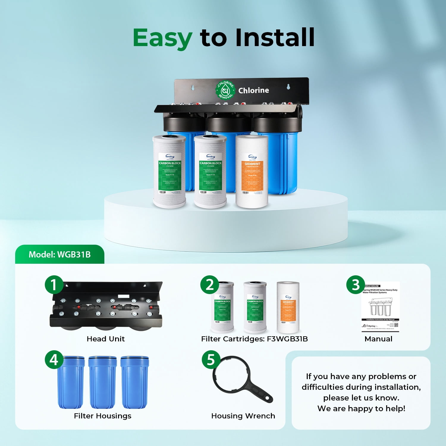 iSpring Whole House Water Filter System, Reduces up to 99% Chlorine, Sediments, Taste, Odor, 3-Stage w/ 10-Inch Sediment and Carbon Block Filters, Model: WGB31B, 1" Inlet/Outlet