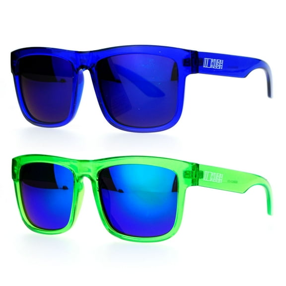 (2-Pack) Kush Mens Neon Pop Horn Rim Sport Horned Sunglasses 1 Blue 1 Green