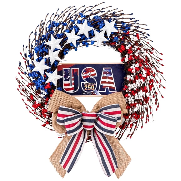 4th of July Wreath, 20 inch Patriotic Wreaths for Front Door Red White Blue Lights American Independence Day 250th Anniversary Patriotic Home Decor Indoor Outdoor