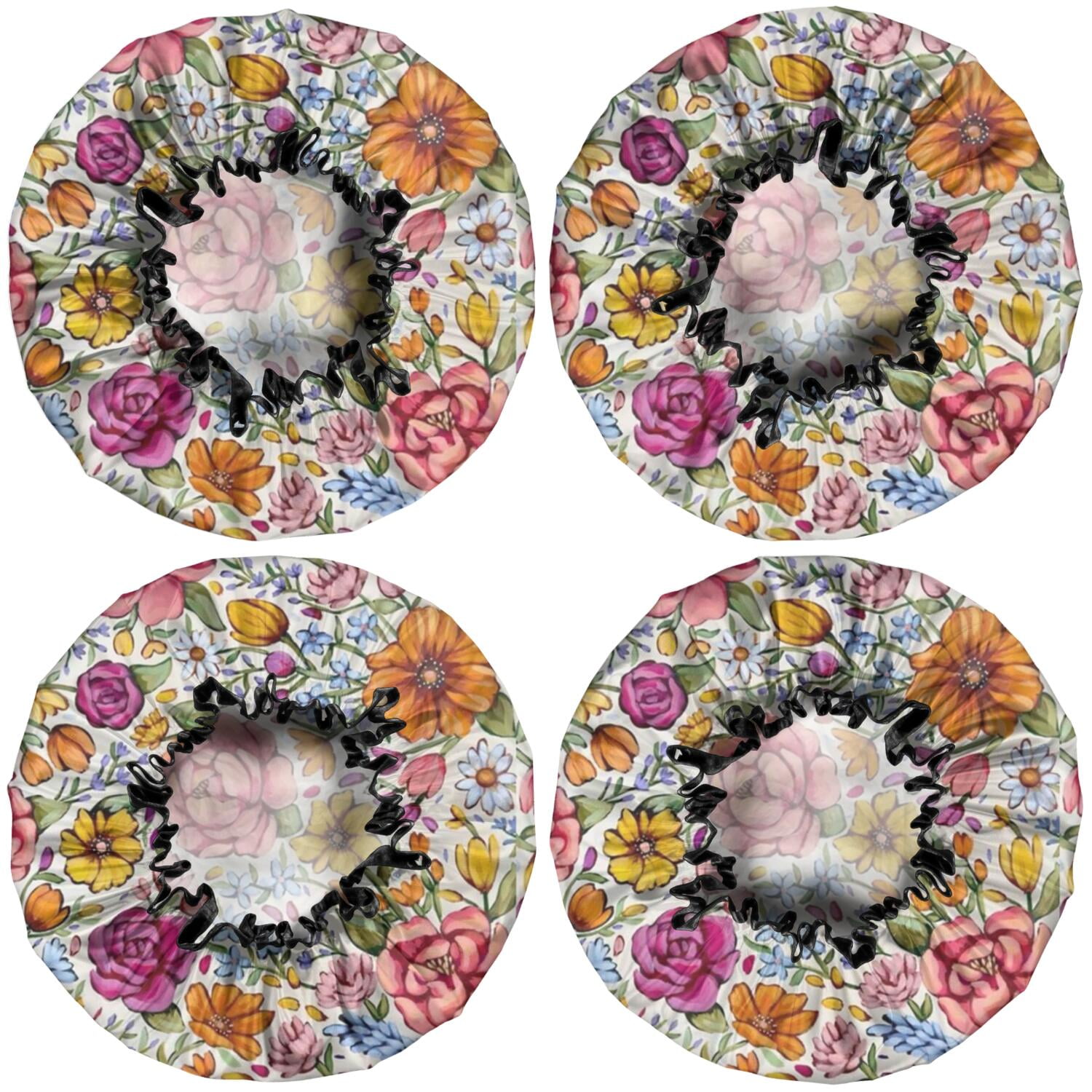 Shower Caps,Pioneer Flower Floral Print Pattern Waterproof Shower Cap for Women 4 Pieces,Double Reusable Hair Cover for Shower PEVA Elastic Stretch Hem