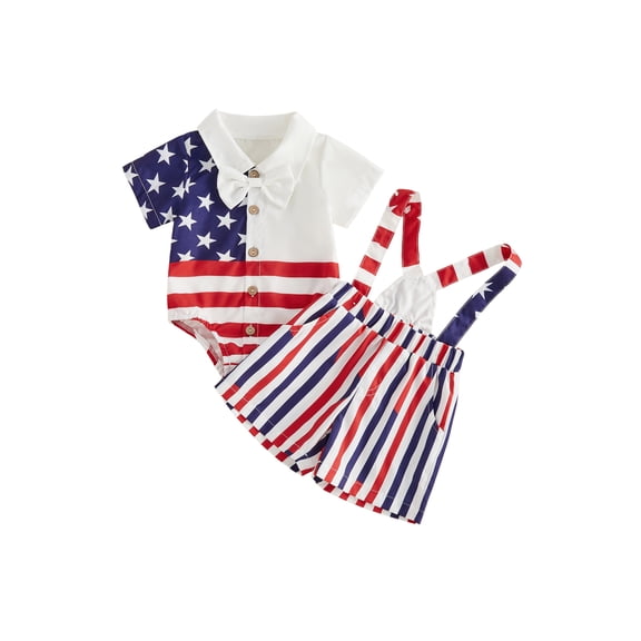 Cenuakty Baby Boy 4th of July Outfit 3M 6M 12M 18M Star Striped Short Sleeve Bowtie Romper and Suspender Shorts 2 Piece Summer Set