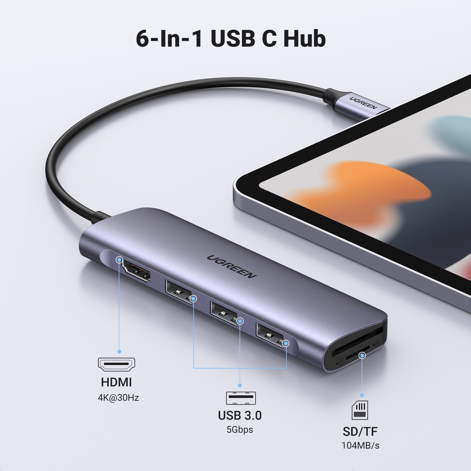 HUB USB-C UGREEN CM511A 6 EN 1 ( CM511A ) 3 USB 3.0 - 1 HDMI - 1 SD CARD -  1 TF CARD ( 20956A )
