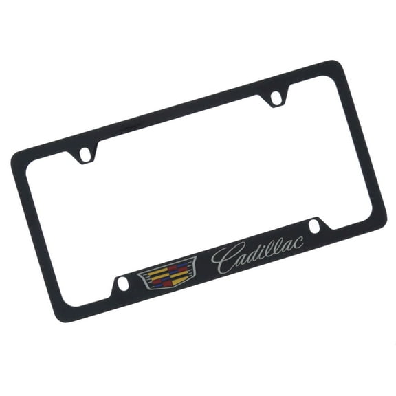Cadillac with Crest Brass License Plate Frame with Glossy Black Finish (4 hole)