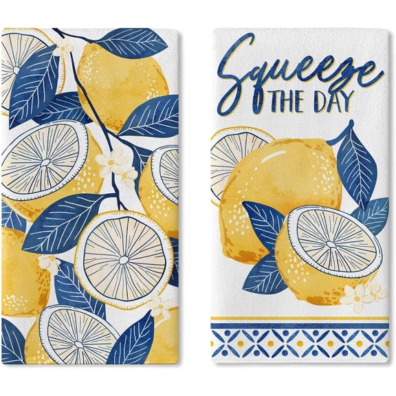 Chinoiserie Lemon Kitchen Dish Towels Set of 2, Squeeze The Day Lemonade Drying Hand Towel Baking Cooking Cloth, Summer Blue and White Porcelain Farmhouse Home Decoration 18 x 26 Inches