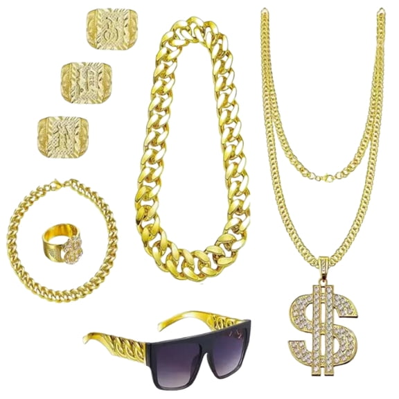 8Pcs Hip Hop Costume 80s/90s Outfits Cool Rapper Accessories Sunglass Gold Plated Dollar Sign Chain Rings Necklace