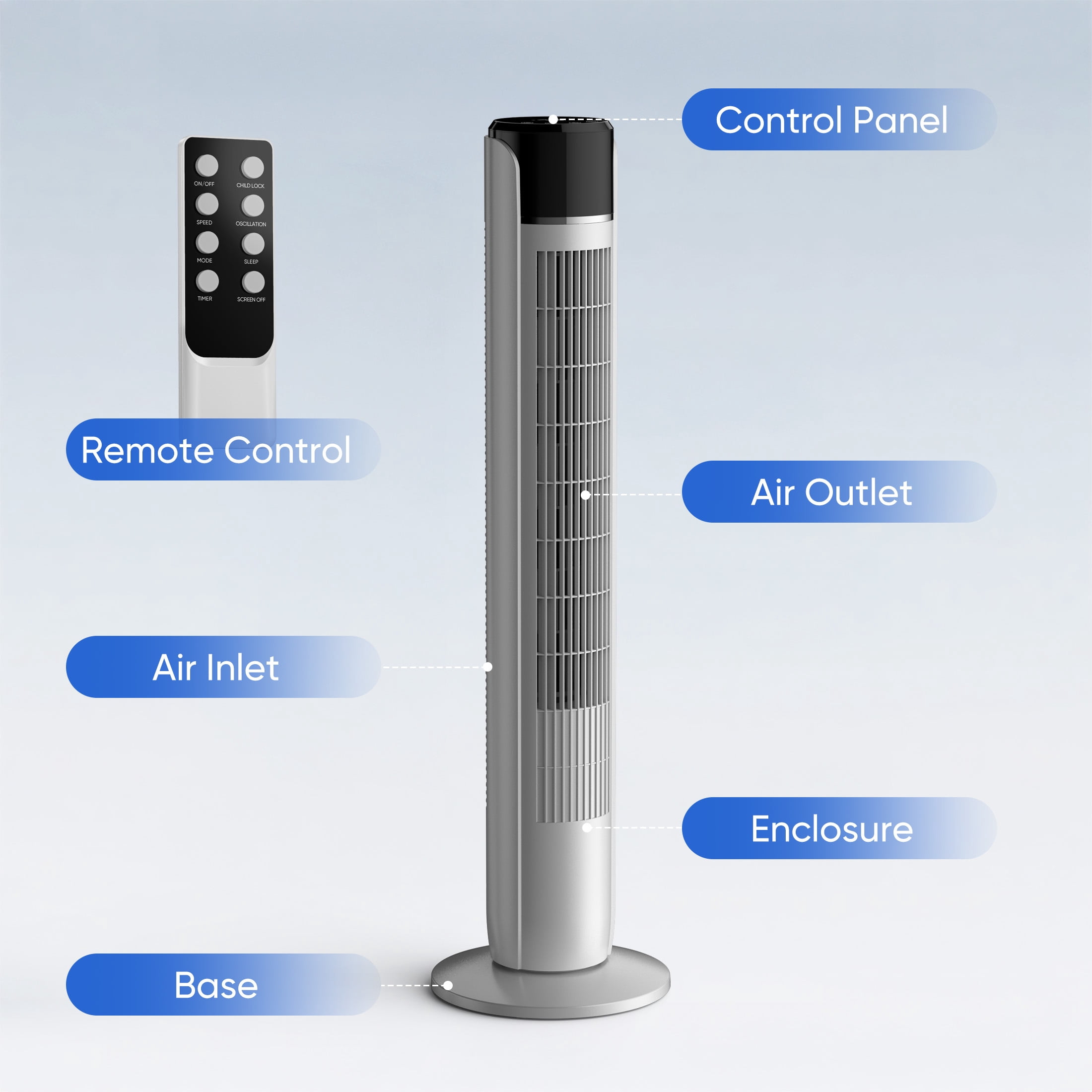 CONCETTA Quiet Tower Fan for Bedroom, Bladeless Design, 20ft/s Speed, 5 Speeds, 12H Timer, Oscillating，Grey