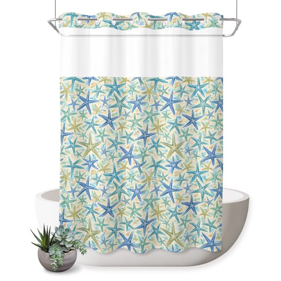 No Hook Shower Curtain, Coastal Starfish Shower Curtains for Bathroom with See Through Top Window, Summer Tropical Ocean Animals Watercolor Waterproof & Washable Bath Curtain Extra Long 72"x84"