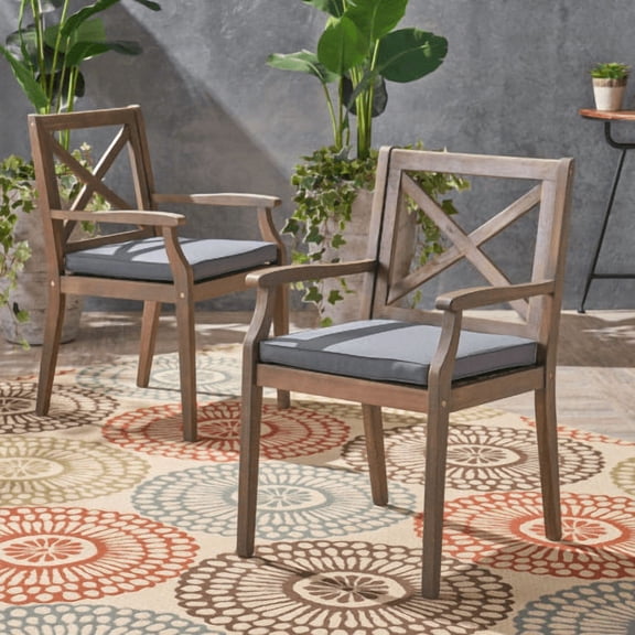 Cushioned Dining Chairs Set of 2, Perla Outdoor Chairs with 2 Cushions for Backyard Poolside, Grey