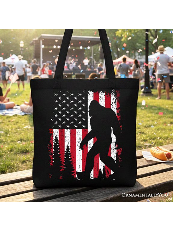 Bigfoot American Flag Canvas Tote Bag, Patriotic Sasquatch Gift Shopper