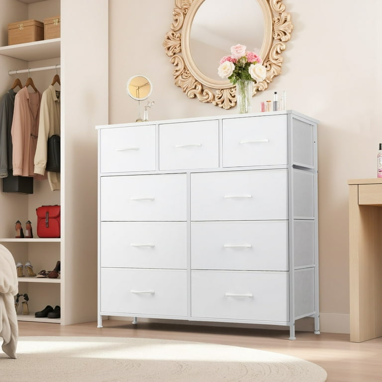 Tinkle WELL 9 Drawer Fabric Storage Dresser, Wide Foldable Bins for Easy Organization, Perfect for Closet, Bedrooms, Hallways, White
