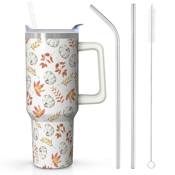 Extra Large 40oz Fall Tumbler - Pumpkin Insulated Cup | Non-Slip Handle & Reusable Straw | Thanksgiving Gift Women