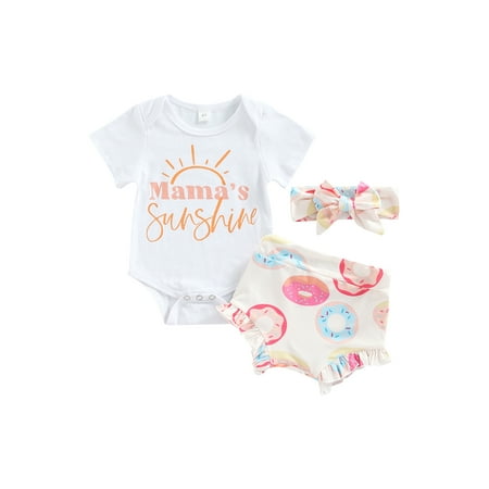 

jaweiw Infant Girls Three-piece Layette White Short Sleeve Romper Doughnut Print Shorts and Headdress Outfits Size 0 6 9 12 18 M
