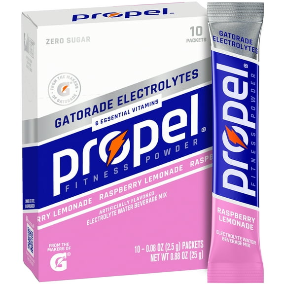 Propel Electrolyte Enhanced Water Drink Mix Powder Packets, Raspberry Lemonade, Zero Calorie & Zero Sugar Hydration with Electrolytes and Vitamins C & E, (10 Packets)