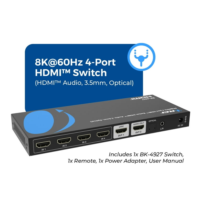 OREI 8K@60Hz 4-port HDMI™ Switch (HDMI Audio, 3.5mm, Optical) (BK