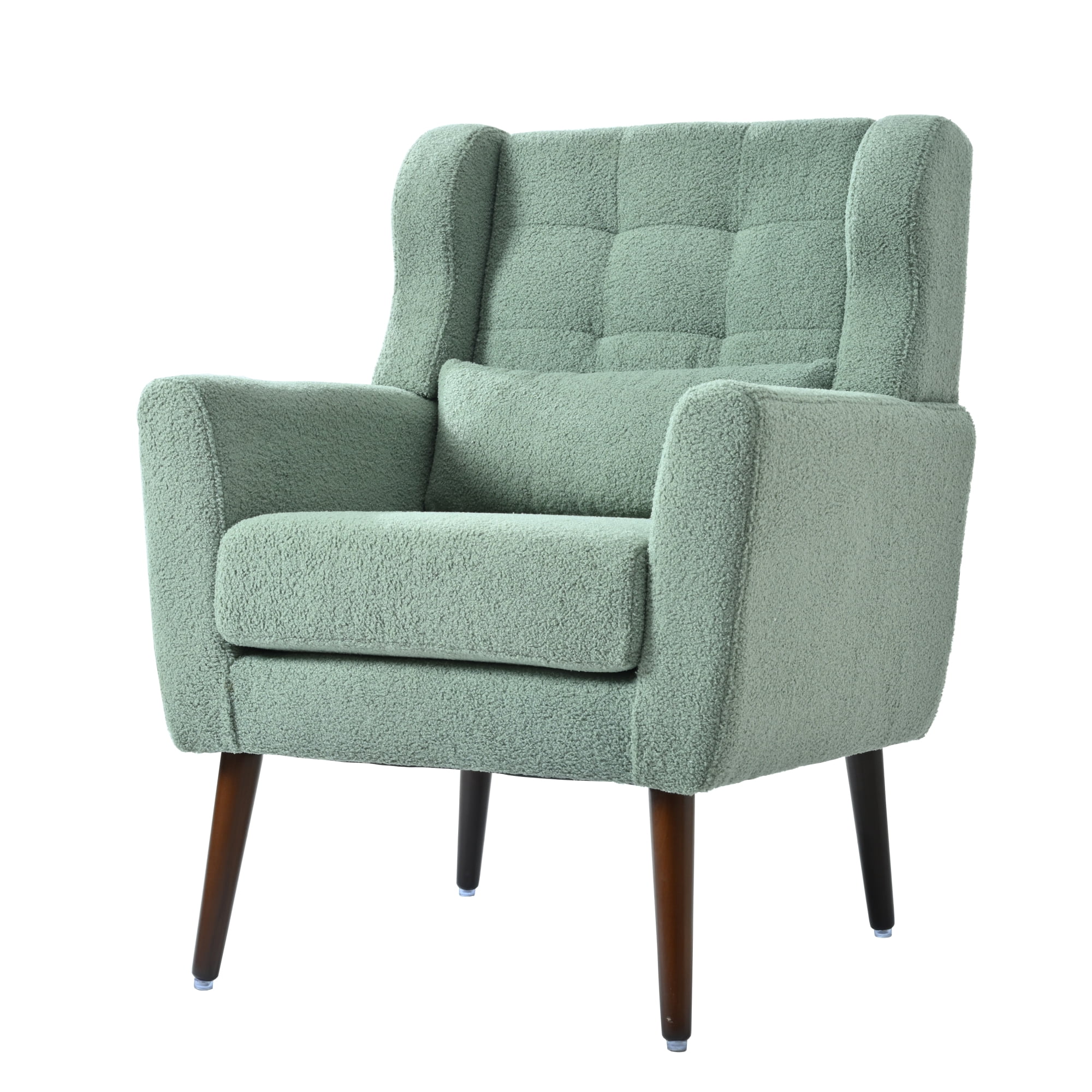 Leumius Modern Accent Chair with Solid Wood Leg, Teddy Armchair with Pillow, Comfy Soft Padded Lounge Chair for Small Space, Bedroom, Living Room Green